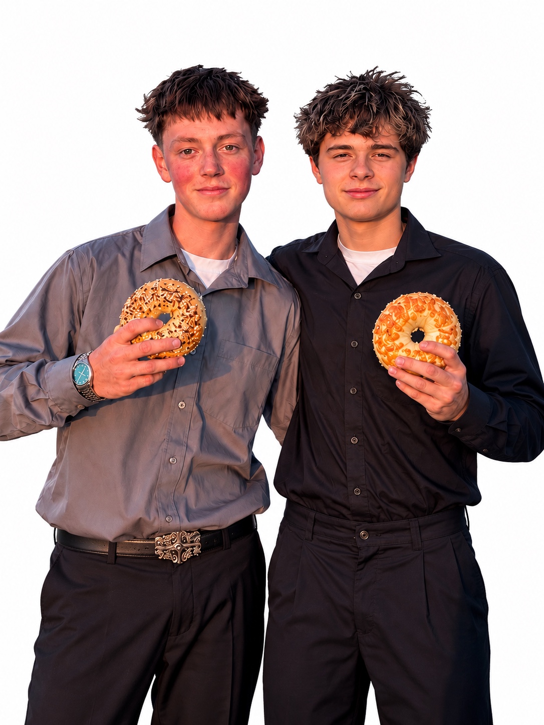 Two Uptown Bagel Boys holding decorated bagels